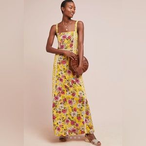 $198 Farm Rio Anthropologie Cantonal Maxi Dress Yellow floral lace bird eyelet